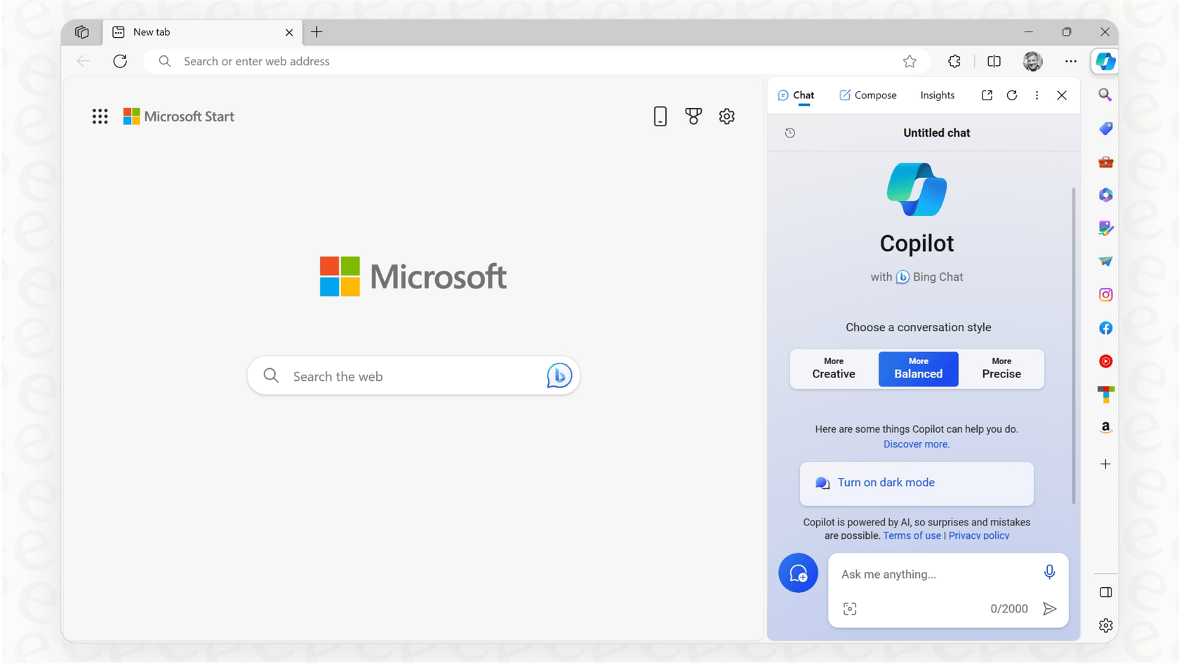 A screenshot of the Microsoft Copilot chat assistant integrated into the Microsoft Edge browser sidebar, a leading choice for Opera Aria alternatives.