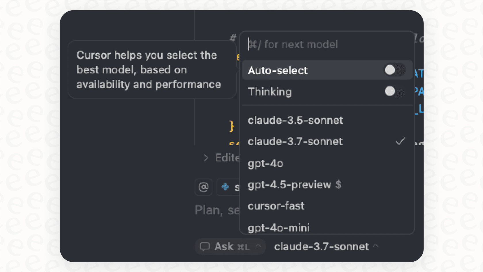 A screenshot of the Cursor UI highlighting the different AI models a user can select, which is a key factor in Cursor pricing.