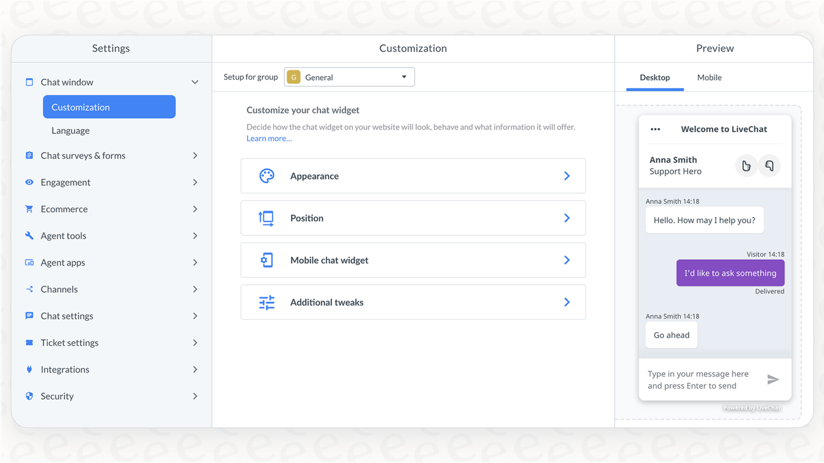 A settings panel showing options to customize a live support chat widget to match a brand