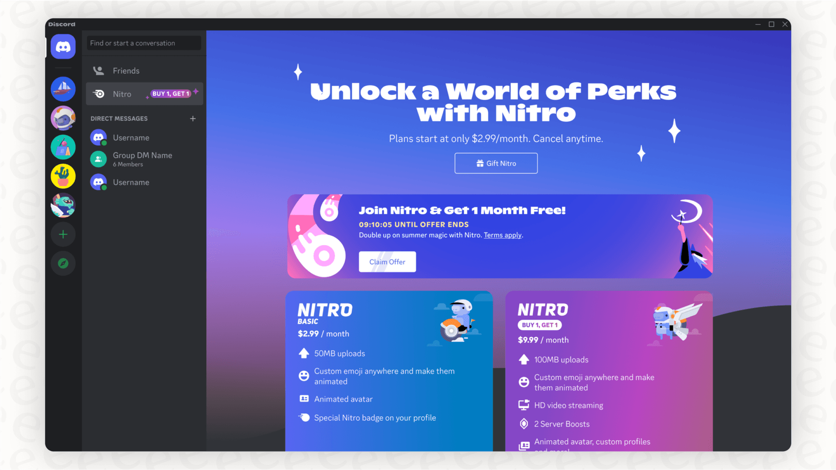 Screenshot of the Discord Nitro page illustrating the features and benefits of each tier of the Discord pricing structure.