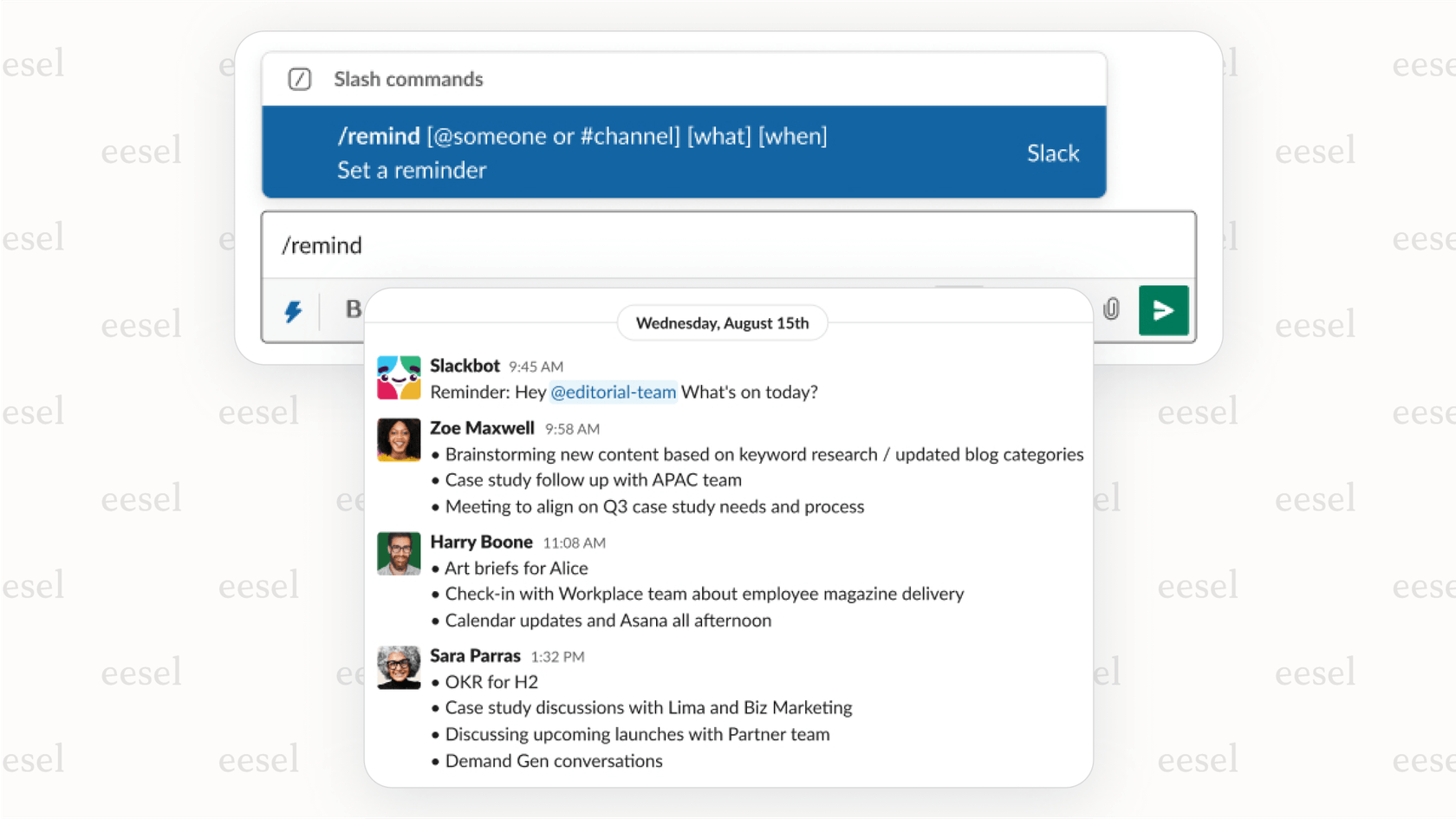Screenshot of the /remind slash command being used to set up recurring Slack automated messages for a daily standup.