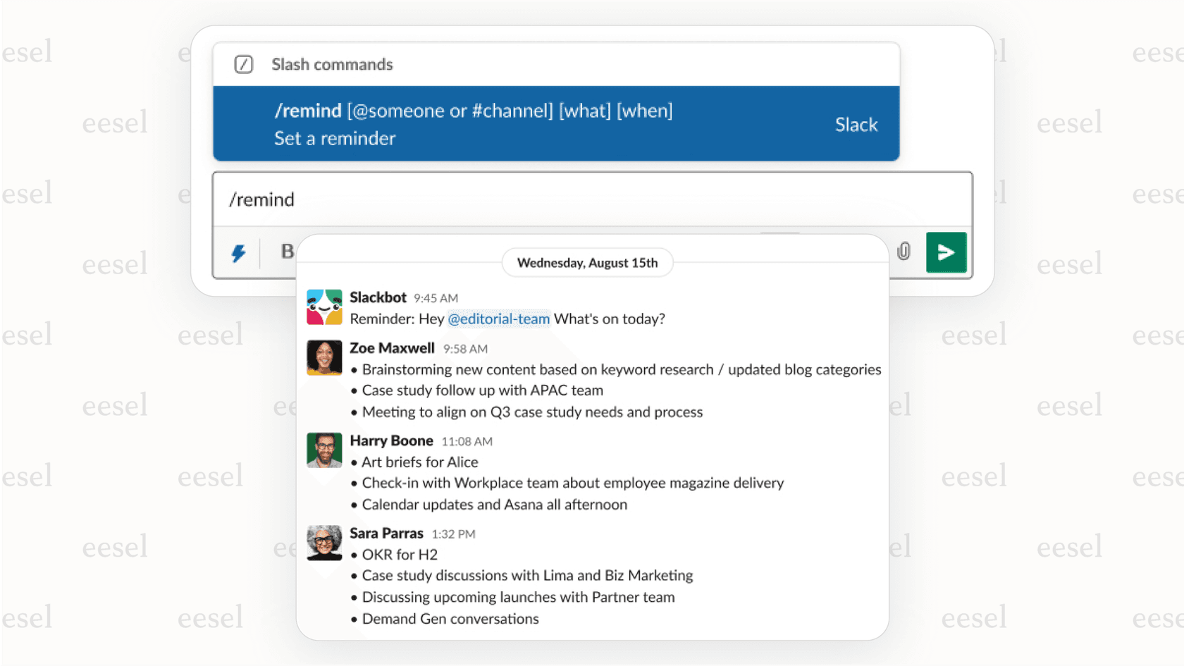 Screenshot of the /remind slash command being used to set up recurring Slack automated messages for a daily standup.