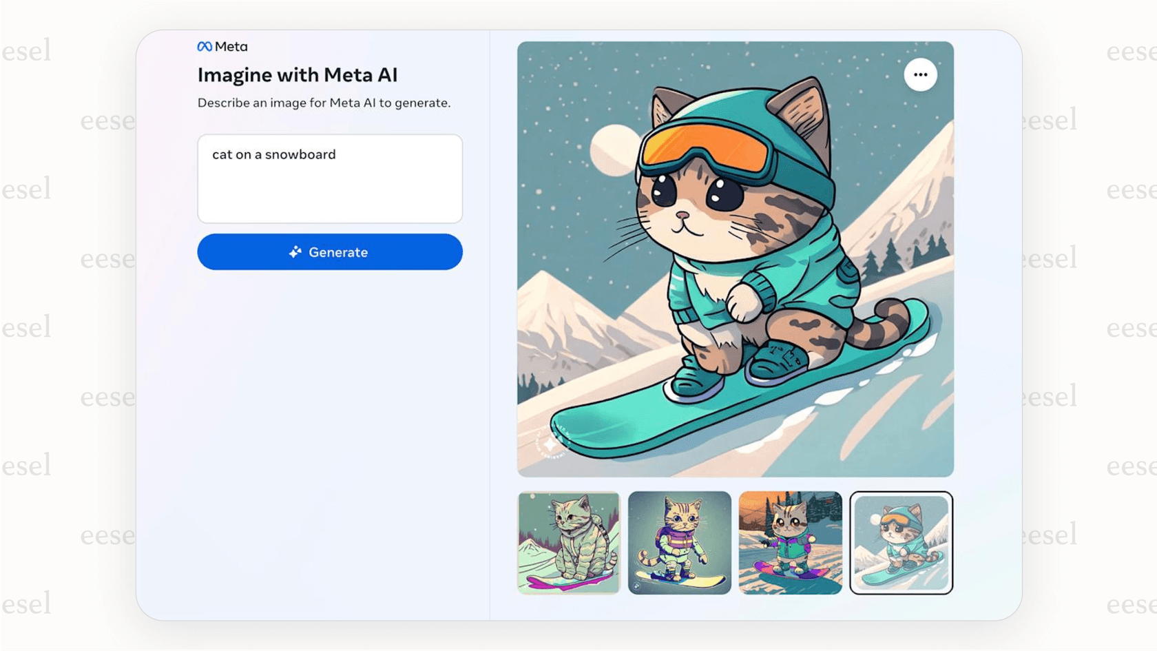 A colorful, AI-generated image of a cat snowboarding, created by the Meta AI chatbot.