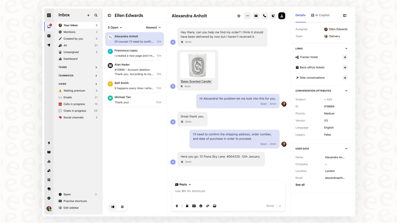 A screenshot of an IT support ticketing system interface that centralizes tickets from various sources like email, Slack, and a self-service portal into a single view for IT agents.
