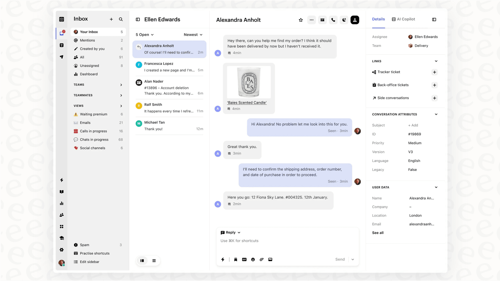 A screenshot of an IT support ticketing system interface that centralizes tickets from various sources like email, Slack, and a self-service portal into a single view for IT agents.