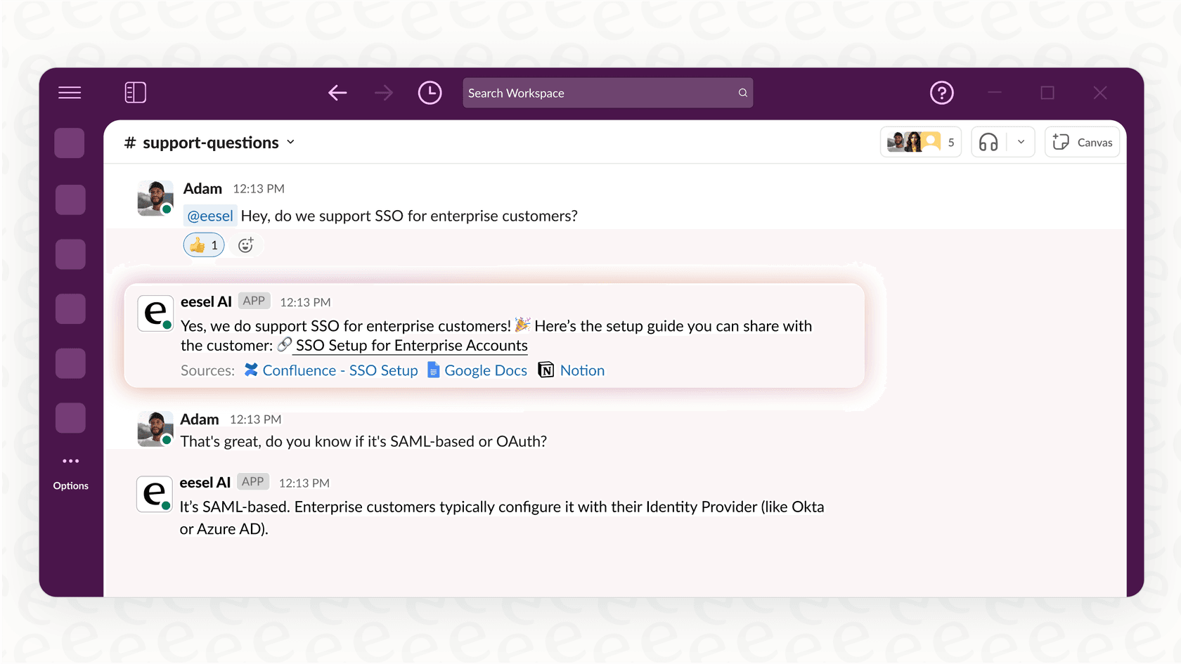 A screenshot demonstrating how an internal AI supporting business chatbot instantly answers an employee
