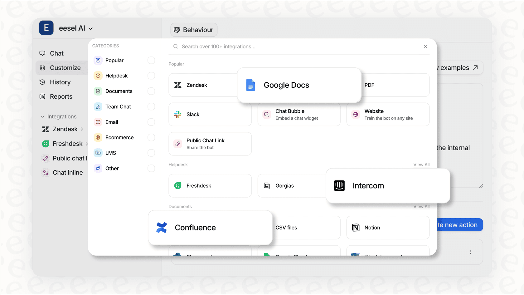 A screenshot displaying the wide range of integrations available for building a knowledge foundation in an AI-powered Customer Service Management system.
