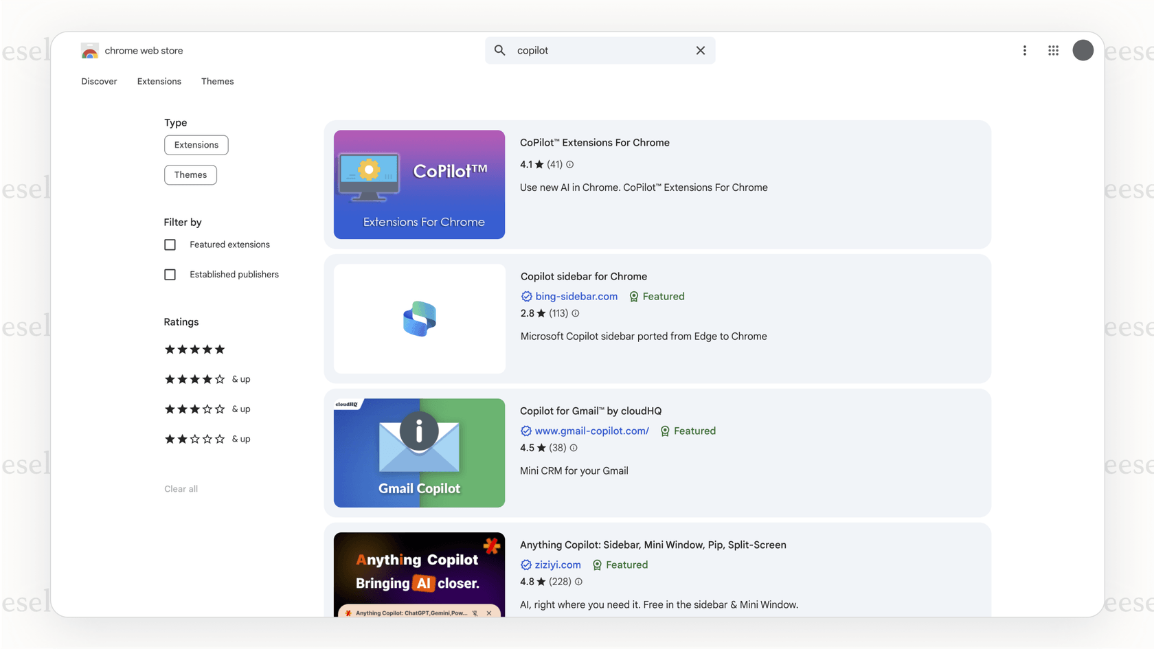 A screenshot from the Chrome Web Store displaying various browser extensions that claim to provide a Google Copilot experience.