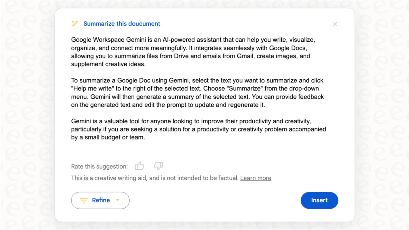 A screenshot of the Gemini AI interface processing a large PDF file and generating a concise summary, highlighting its large context window.