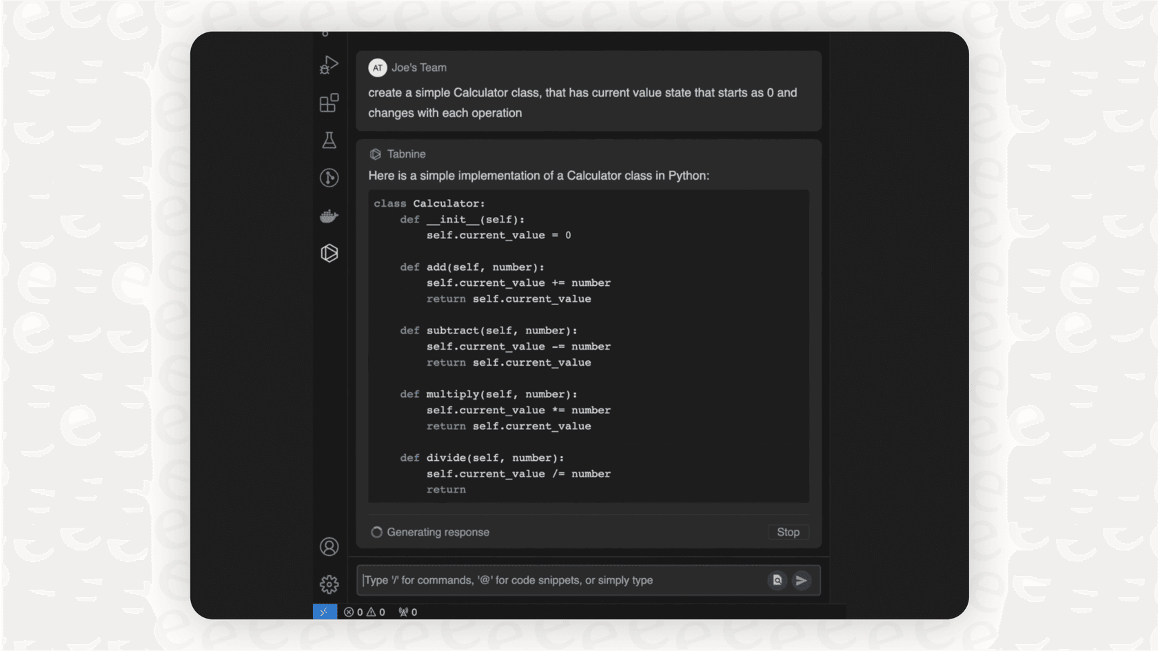 Screenshot für eine Tabnine-Übersicht, die zeigt, wie ein Entwickler