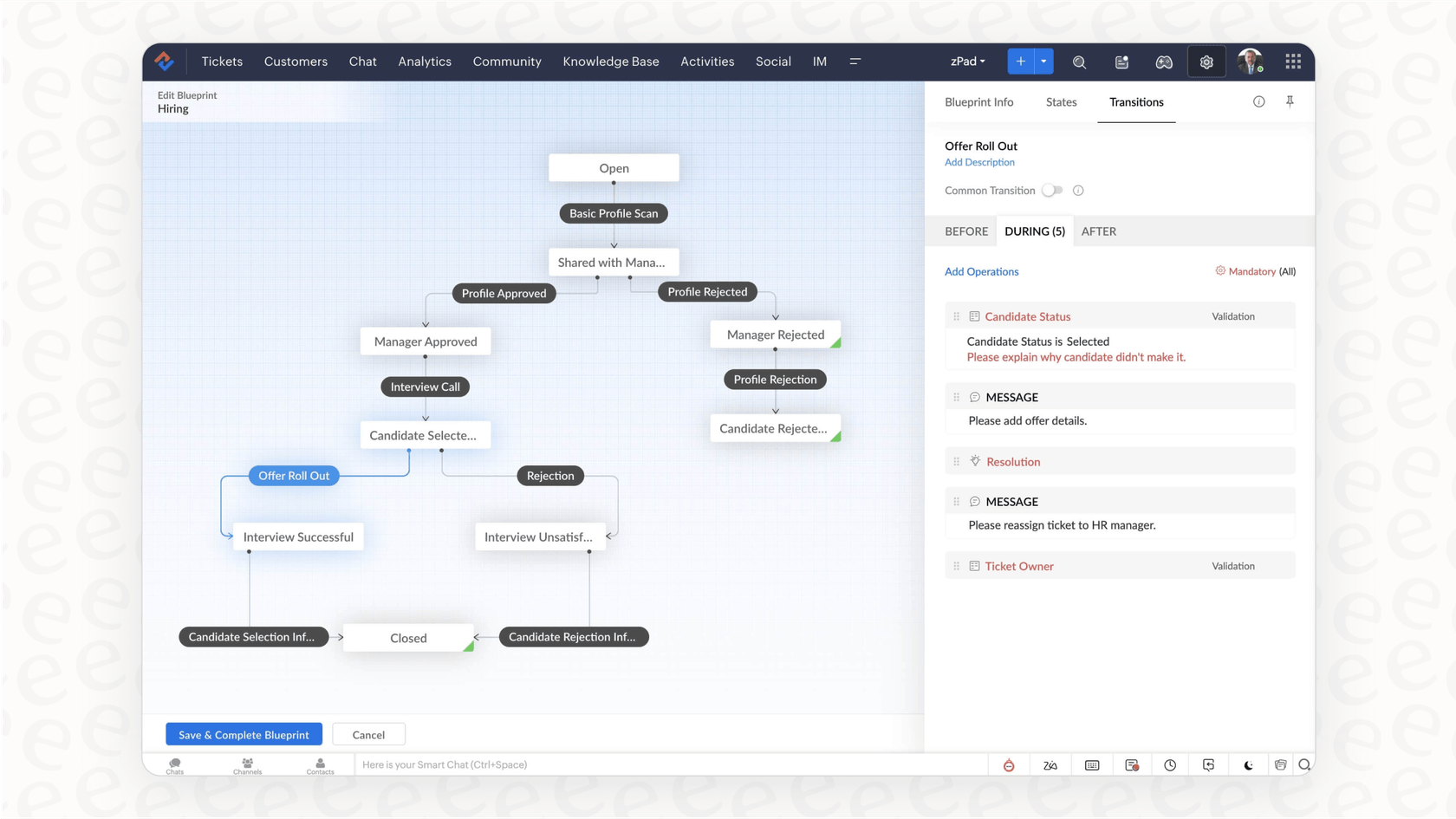 A screenshot of the Zoho Desk Blueprint feature, a visual workflow builder available in higher Zoho Desk pricing plans.