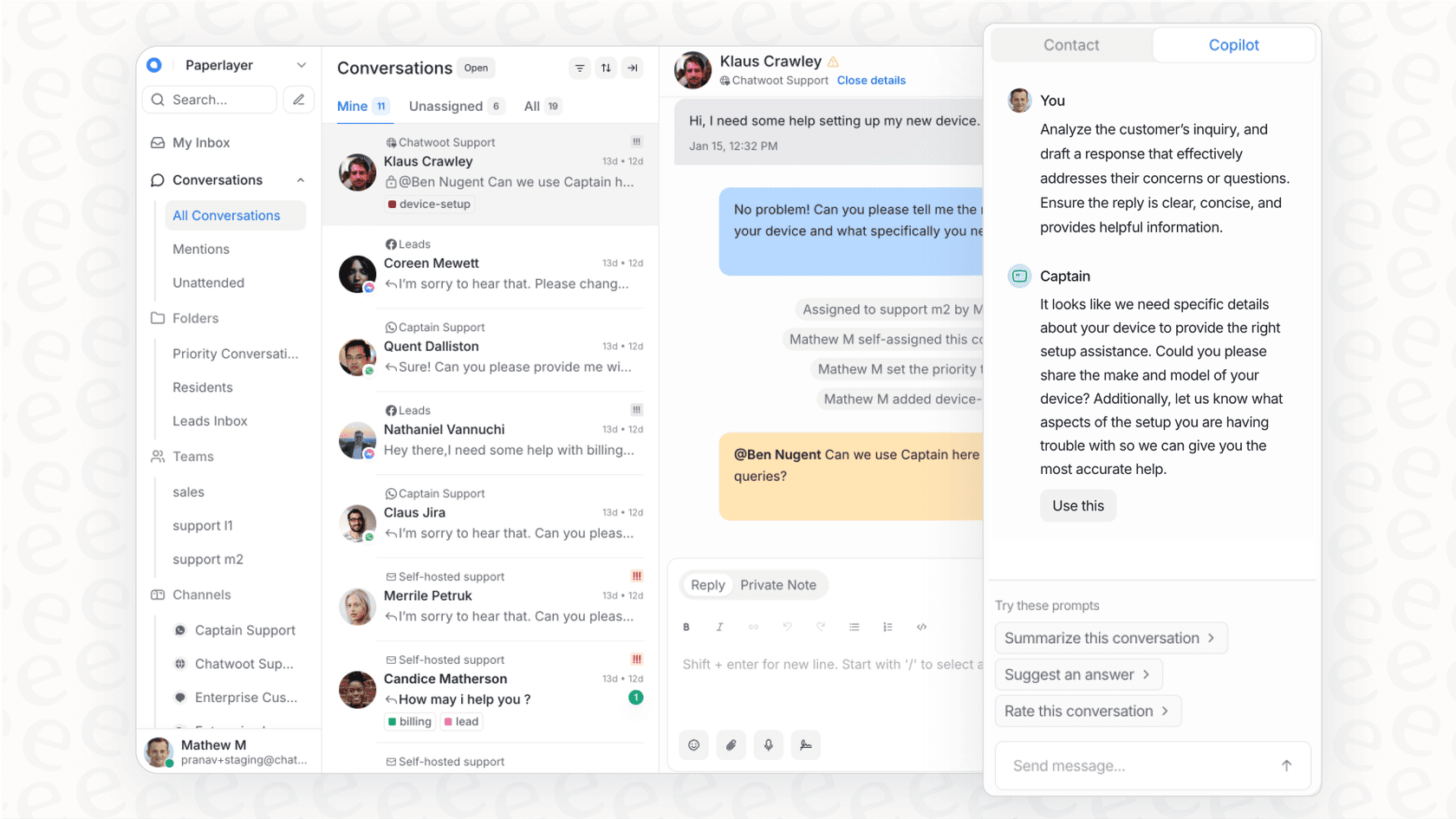 A screenshot of the Chatwoot Captain Co-pilot assisting a support agent by providing a suggested response within the conversation view.