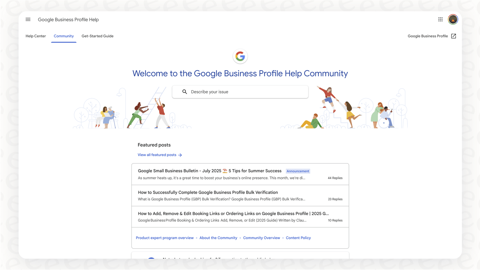 A screenshot of the Google Business customer service community forum, showing posts from business owners and answers from volunteer Product Experts.