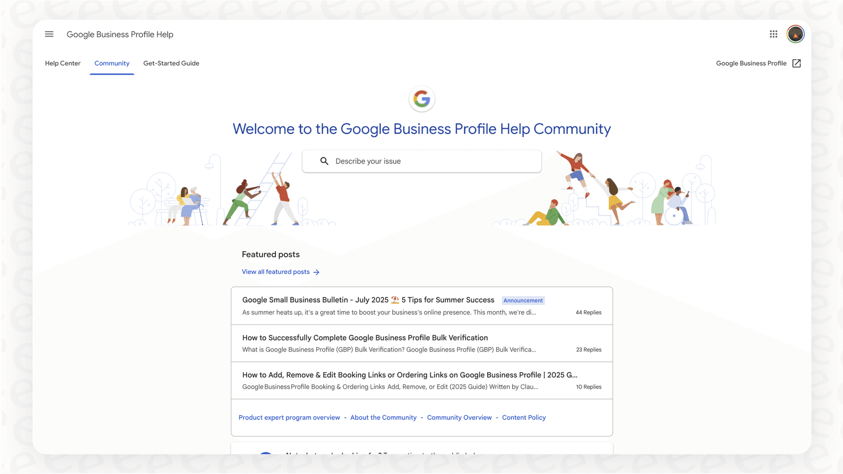 A screenshot of the Google Business customer service community forum, showing posts from business owners and answers from volunteer Product Experts.