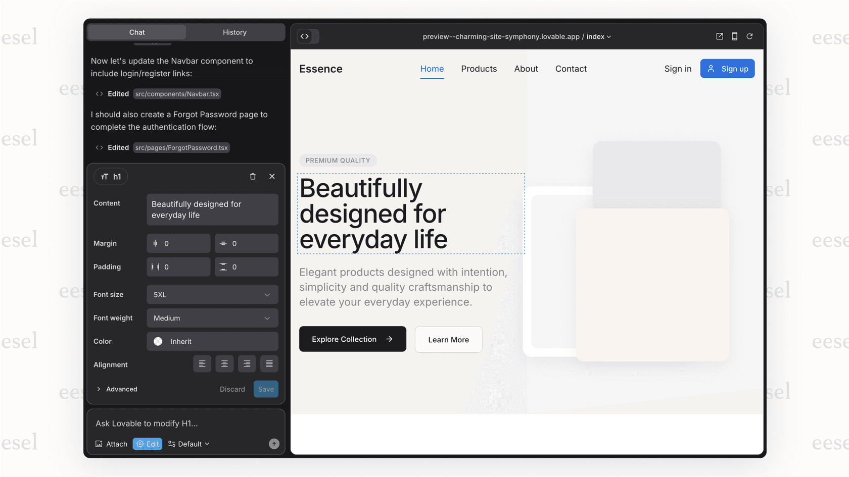 A screenshot of the Lovable visual editor, allowing for no-code UI adjustments.