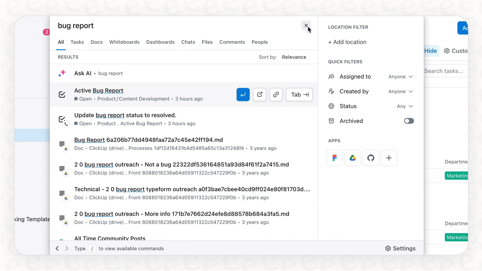 A user asks a question in the ClickUp Brain search bar, and the AI assistant provides a sourced answer, demonstrating its knowledge management capabilities.