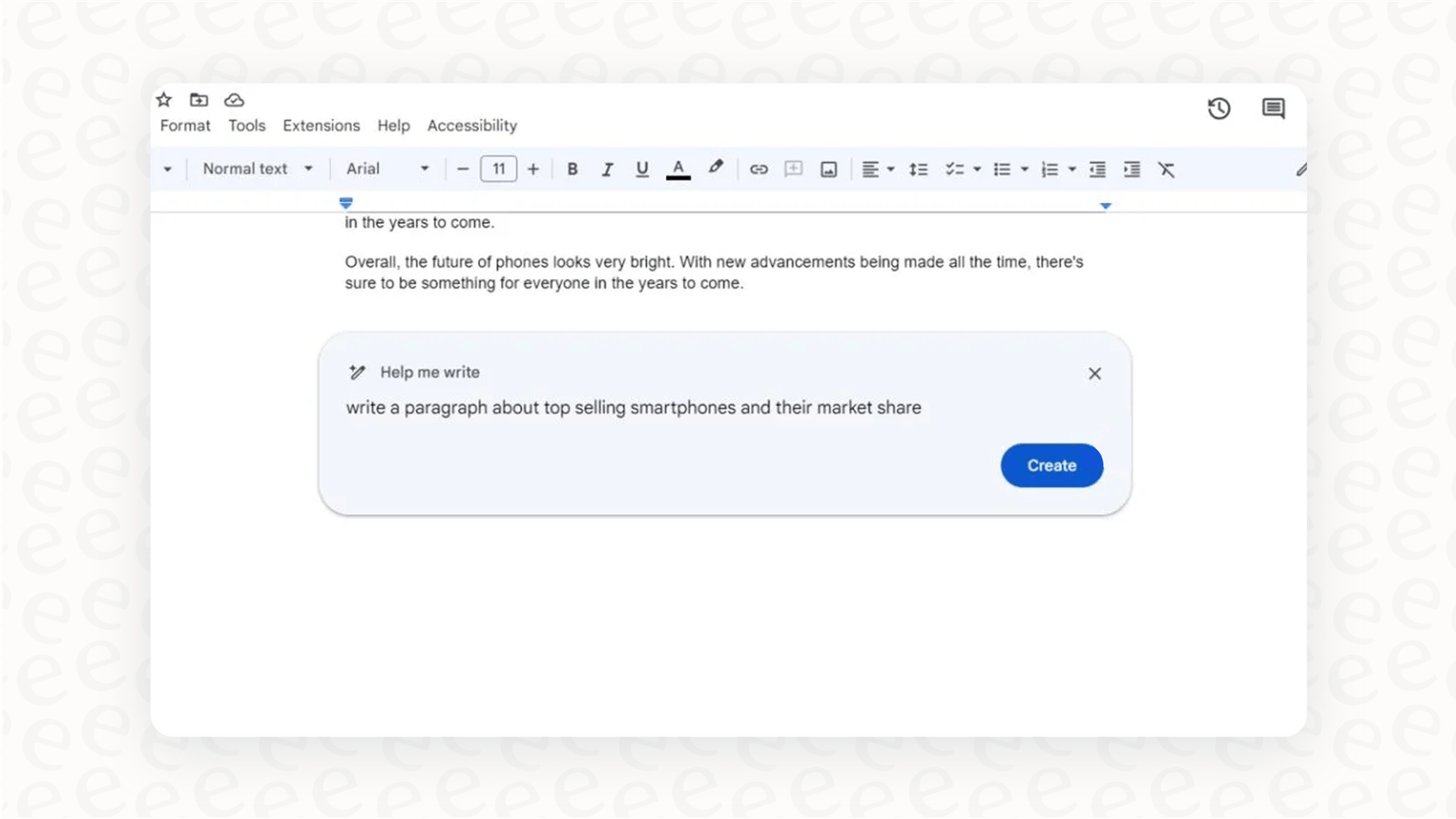 A screenshot demonstrating the "Help me write" feature of Gemini for Google Workspace inside a Google Doc, generating text from a user prompt.