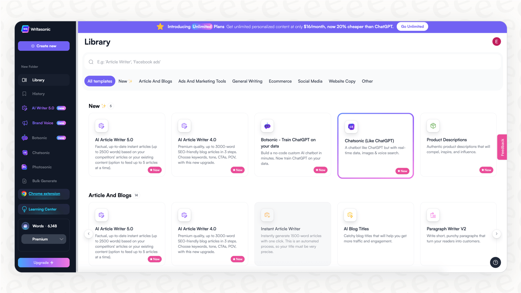 Screenshot for a Writesonic overview, displaying the various templates in the AI Article Writer for marketing content.