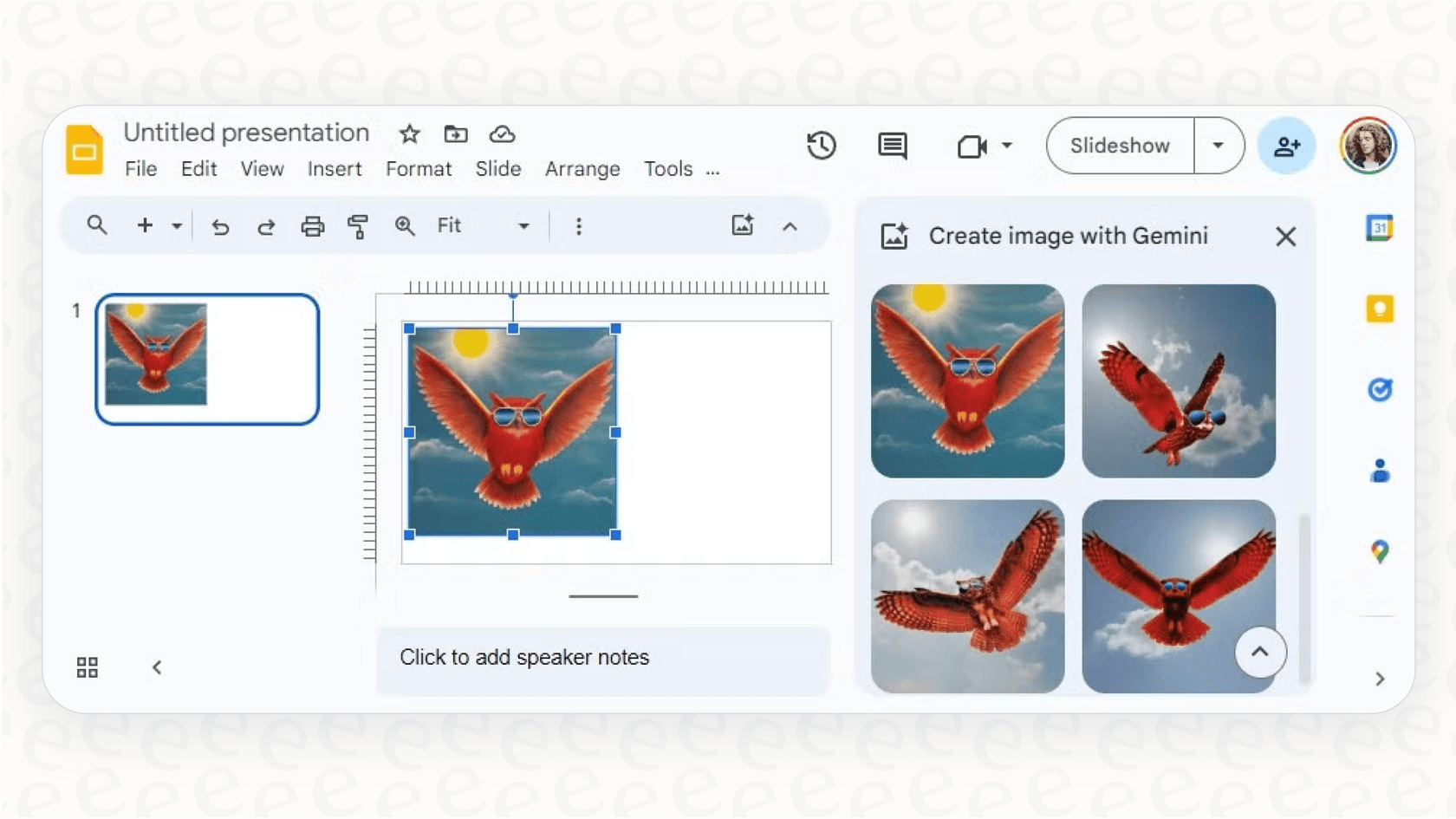 Screenshot demonstrating how to generate a custom image from a text prompt in Google Slides, an AI capability covered by the Gemini Workspace pricing.