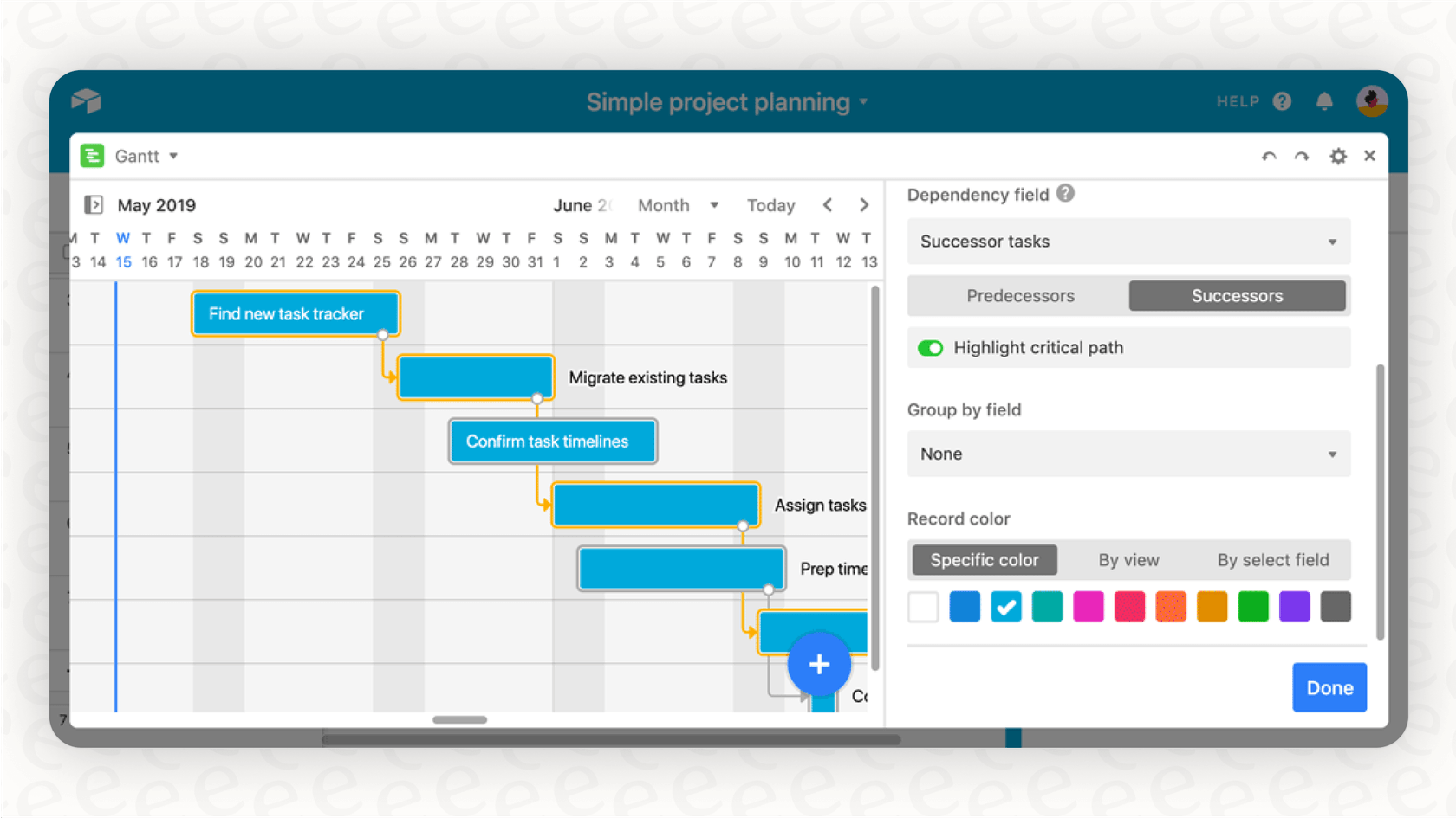 A screenshot showing the Gantt and Timeline views, a key feature in the Team Airtable pricing tier for project management.