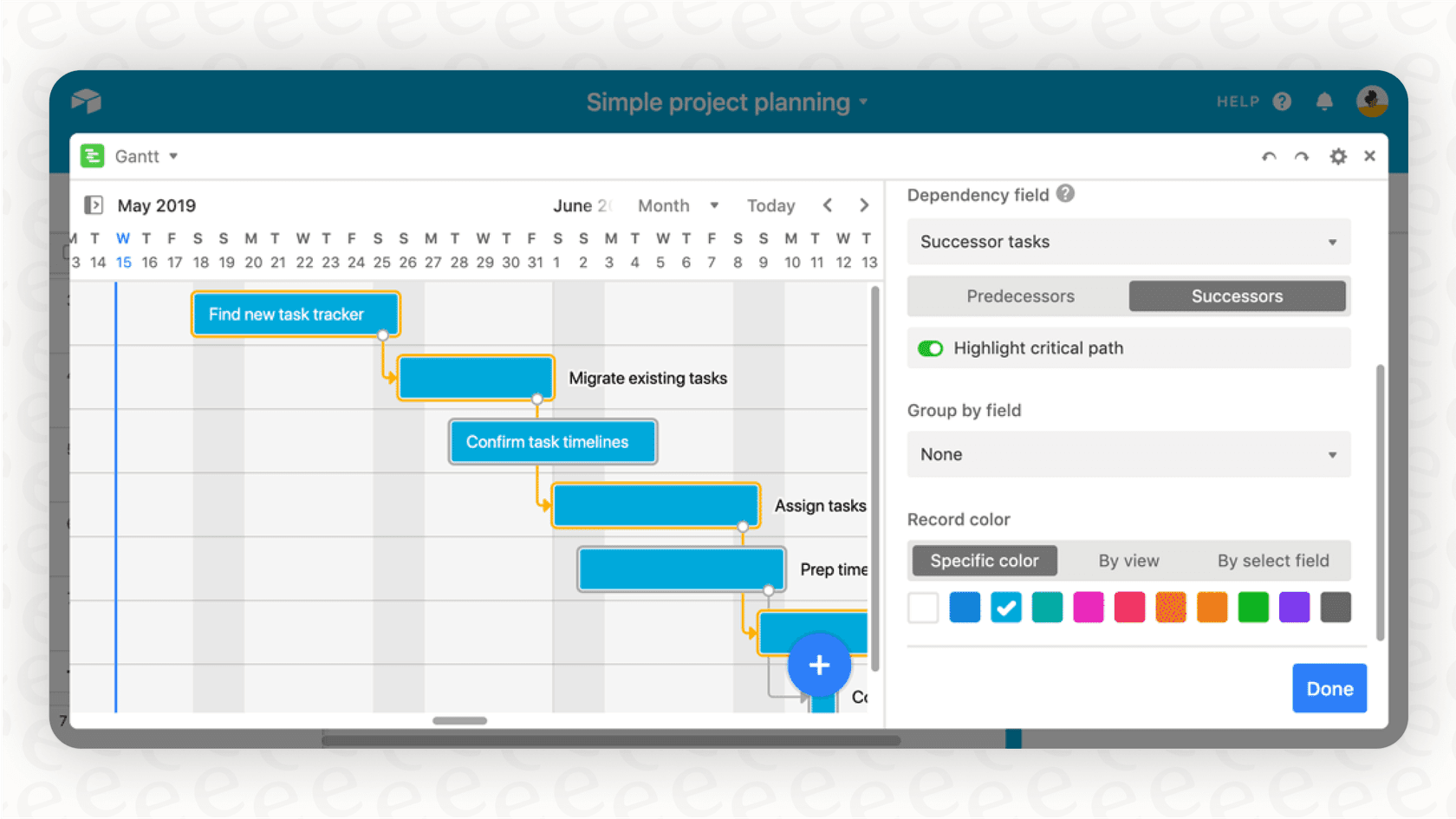A screenshot showing the Gantt and Timeline views, a key feature in the Team Airtable pricing tier for project management.