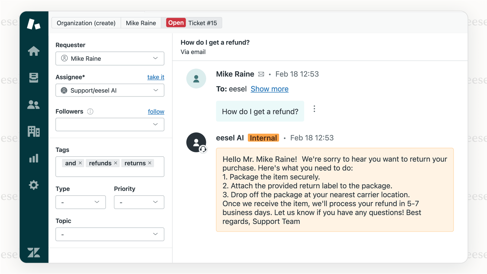 A screenshot showing an AI agent built on a platform that simplifies access to the power of Azure OpenAI models, assisting a support agent within the Zendesk interface.