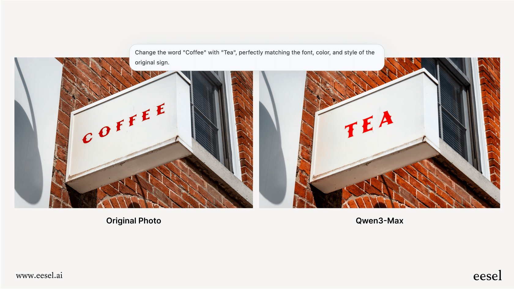 A demonstration of Qwen Image Edit changing the text on a sign from "Coffee House" to "Tea House" seamlessly.