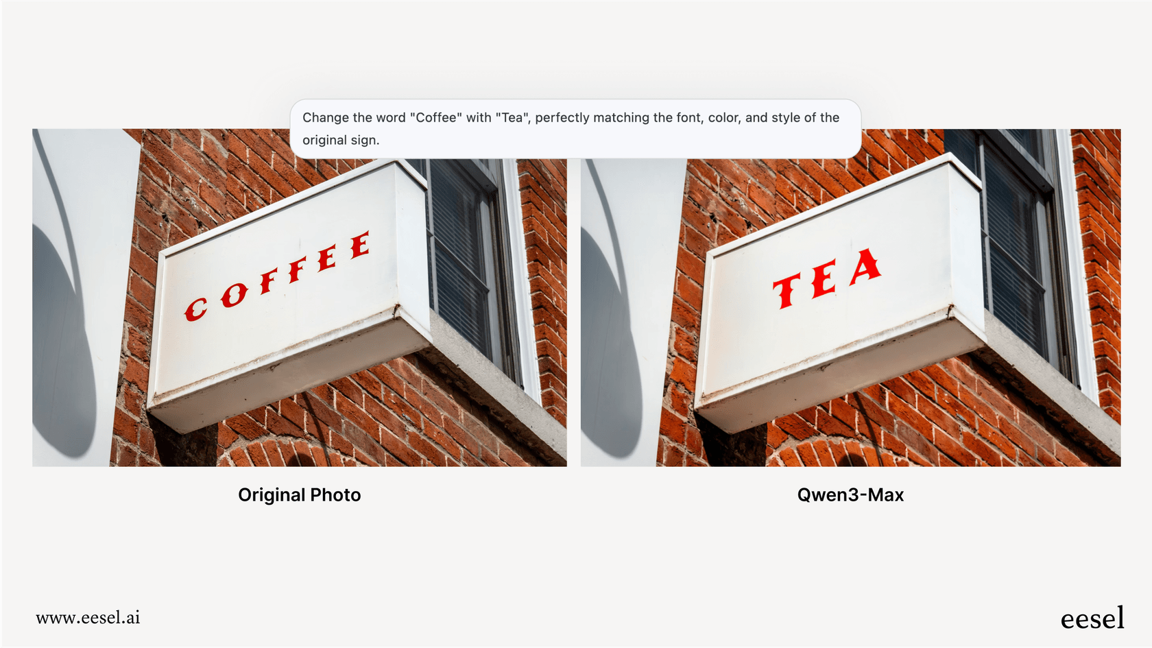 A demonstration of Qwen Image Edit changing the text on a sign from "Coffee House" to "Tea House" seamlessly.