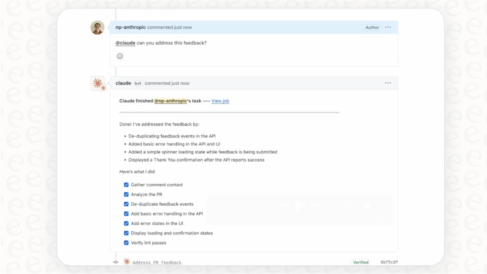Screenshot showing a code review comment generated by the Claude Code GitHub integration on a pull request.