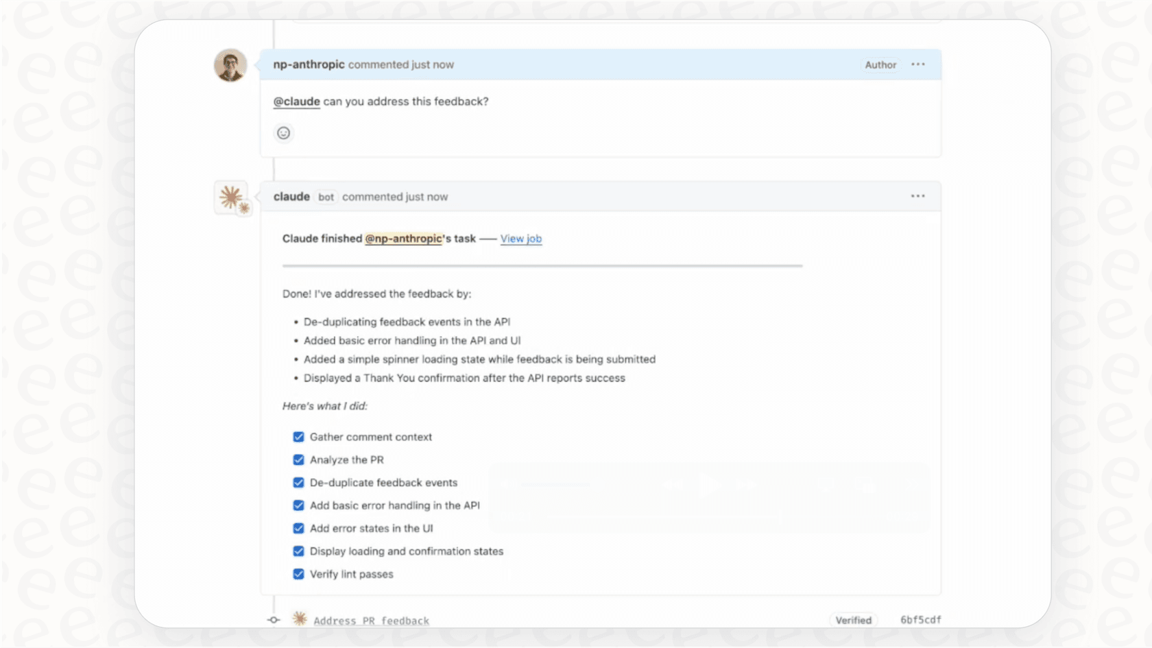 Screenshot showing a code review comment generated by the Claude Code GitHub integration on a pull request.