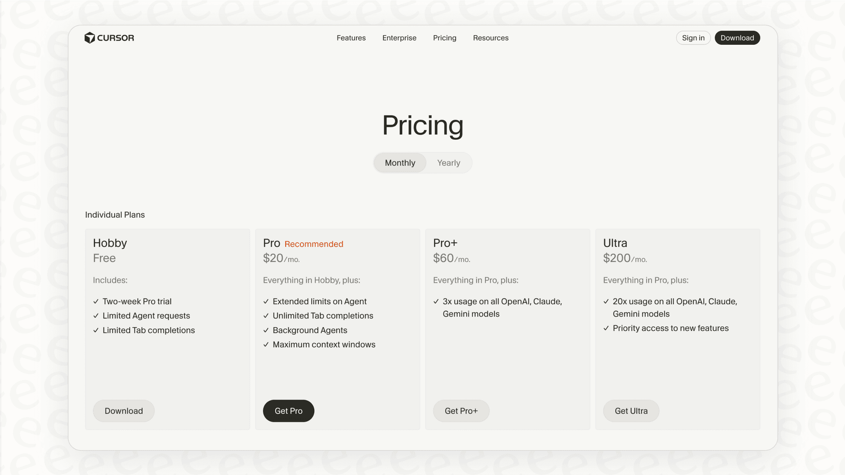 Screenshot of the Cursor website showing the different tiers and monthly costs for the new Cursor pricing structure.