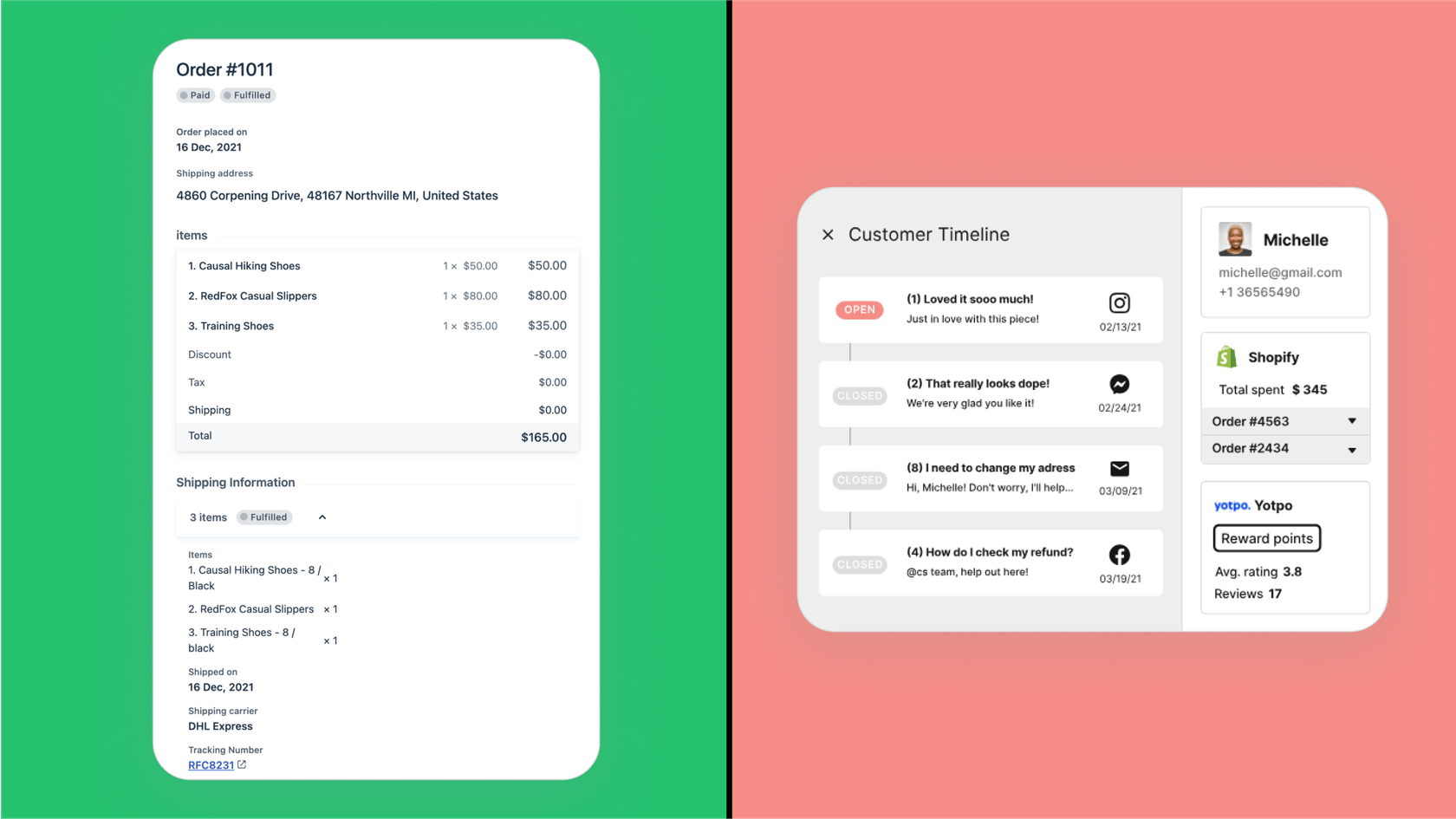 Diese Infografik veranschaulicht den Unterschied bei der Shopify-Integration, ein zentraler Punkt im Vergleich von Gorgias und Freshdesk.::