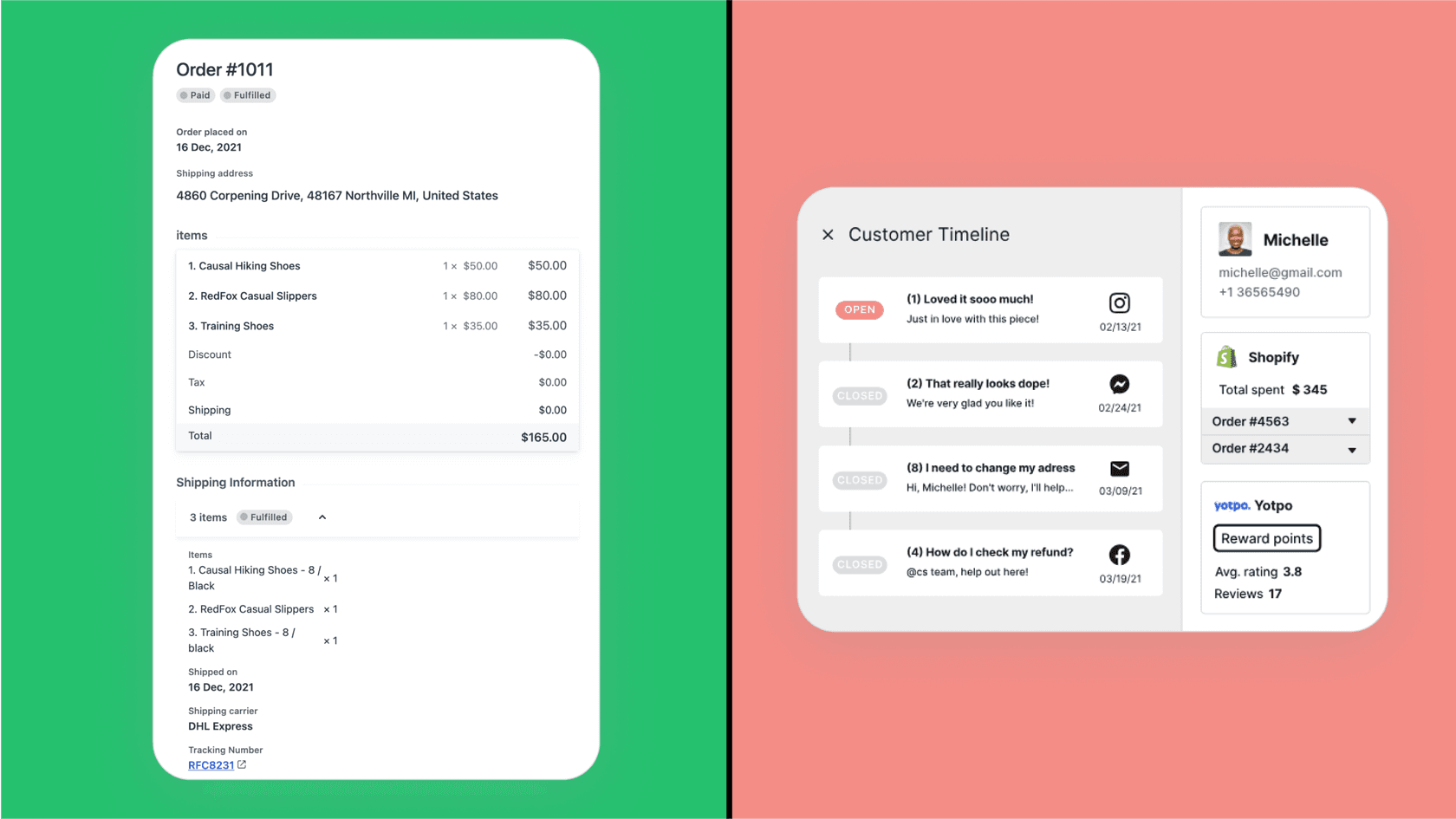 GorgiasのShopifyデータ連携とFreshdeskのサイドバーアプリ連携を比較した画像。Freshdesk vs Gorgiasにおける大きな違いを強調しています。