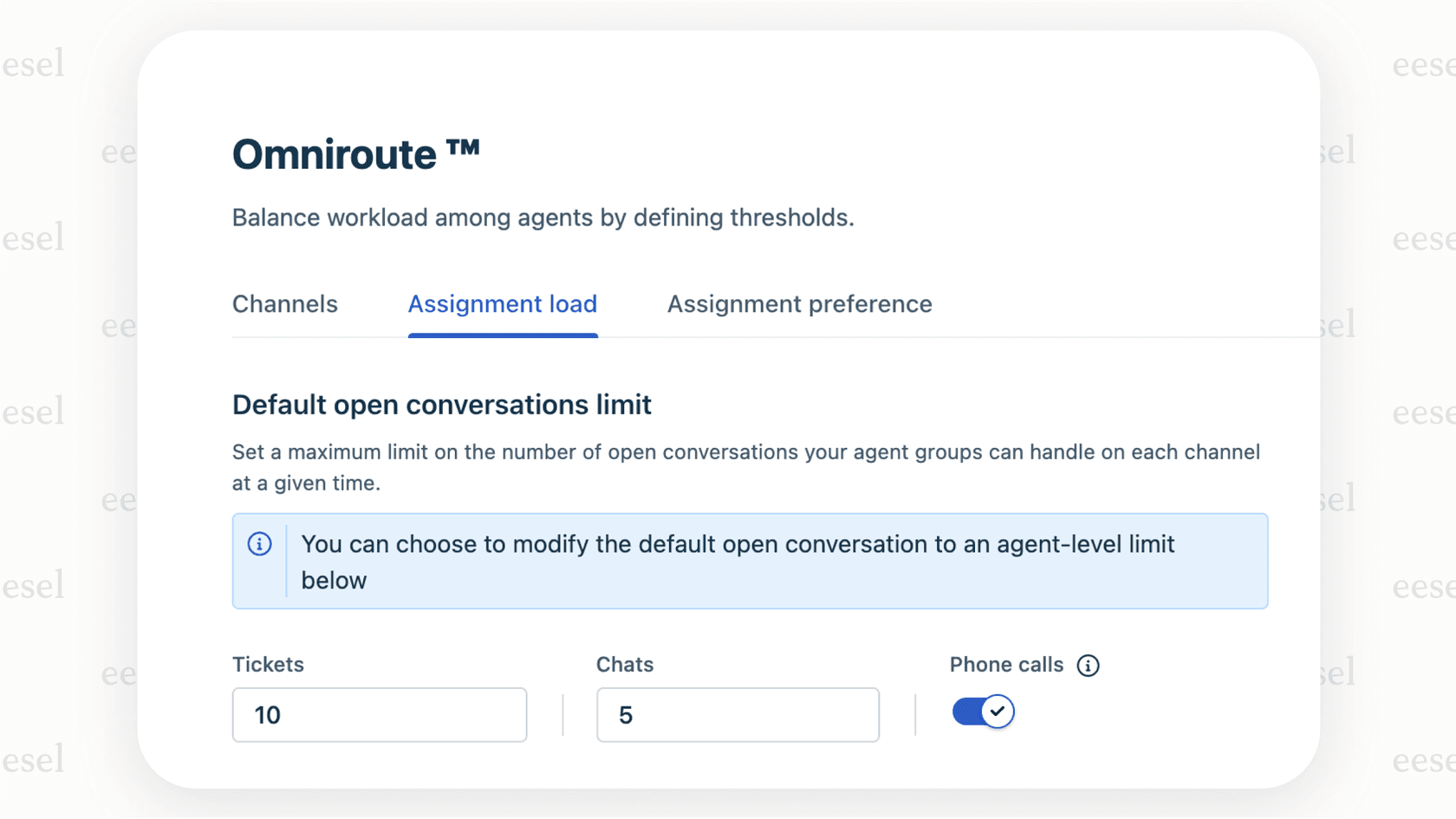 A screenshot of the Freshdesk Omniroute feature showing how to set up load-balanced automatic ticket assignment Freshdesk based on an agent