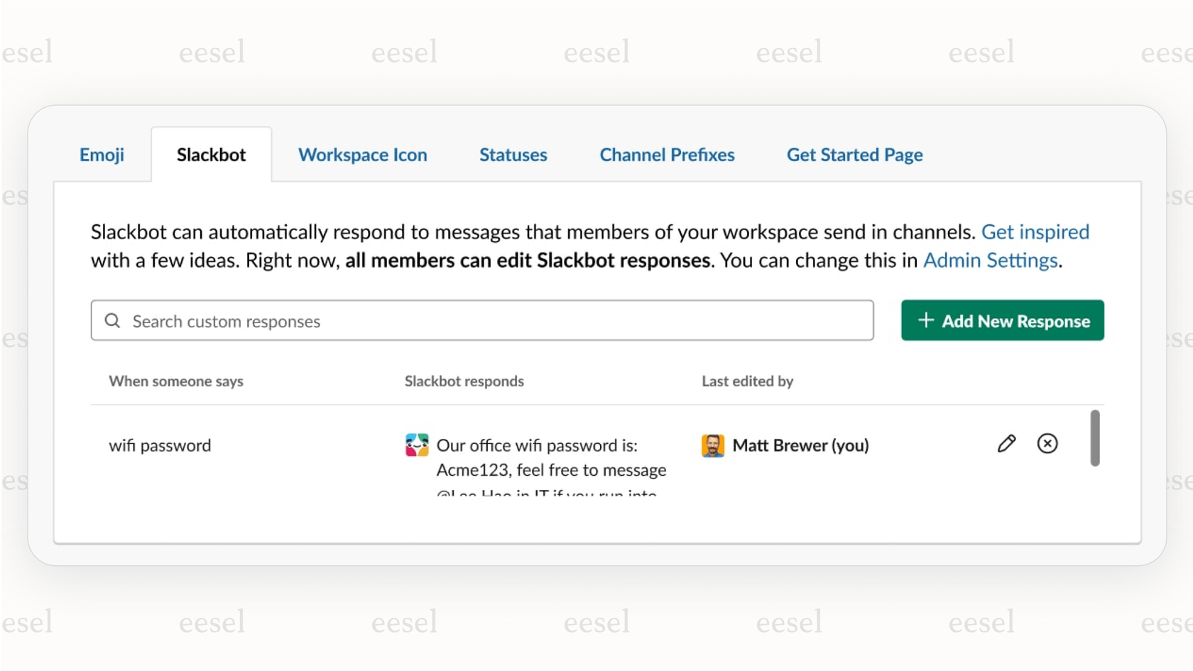 A screenshot of the Slack admin settings for creating Slackbot custom responses, a basic form of Slack automated messages.