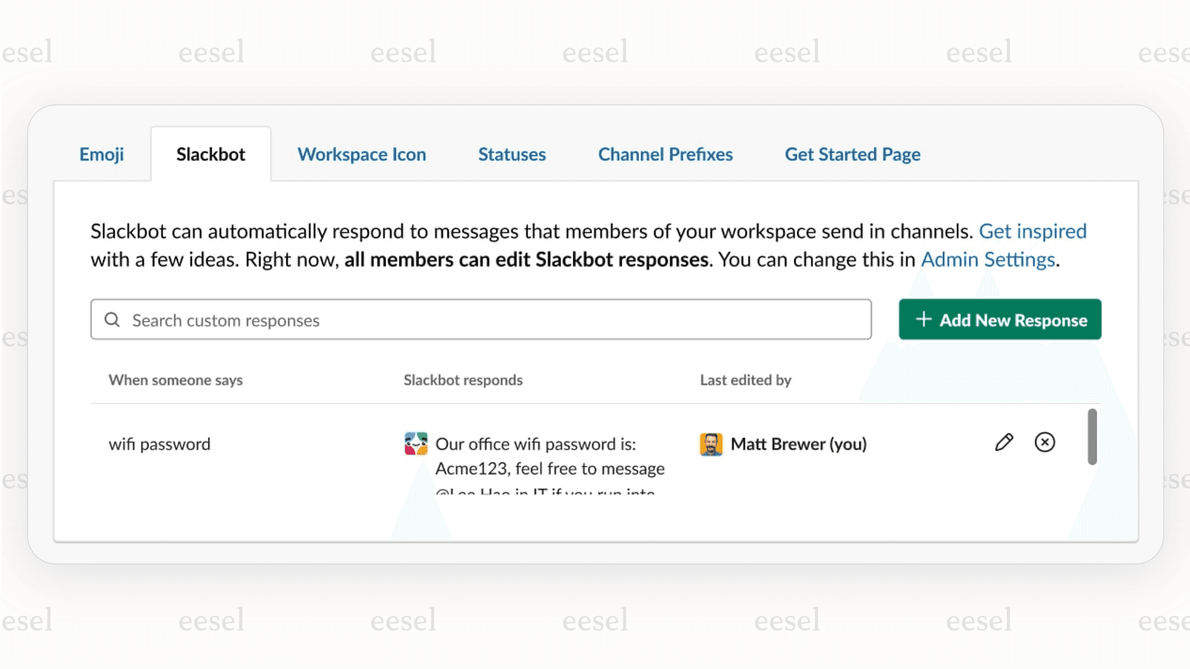 A screenshot of the Slack admin settings for creating Slackbot custom responses, a basic form of Slack automated messages.
