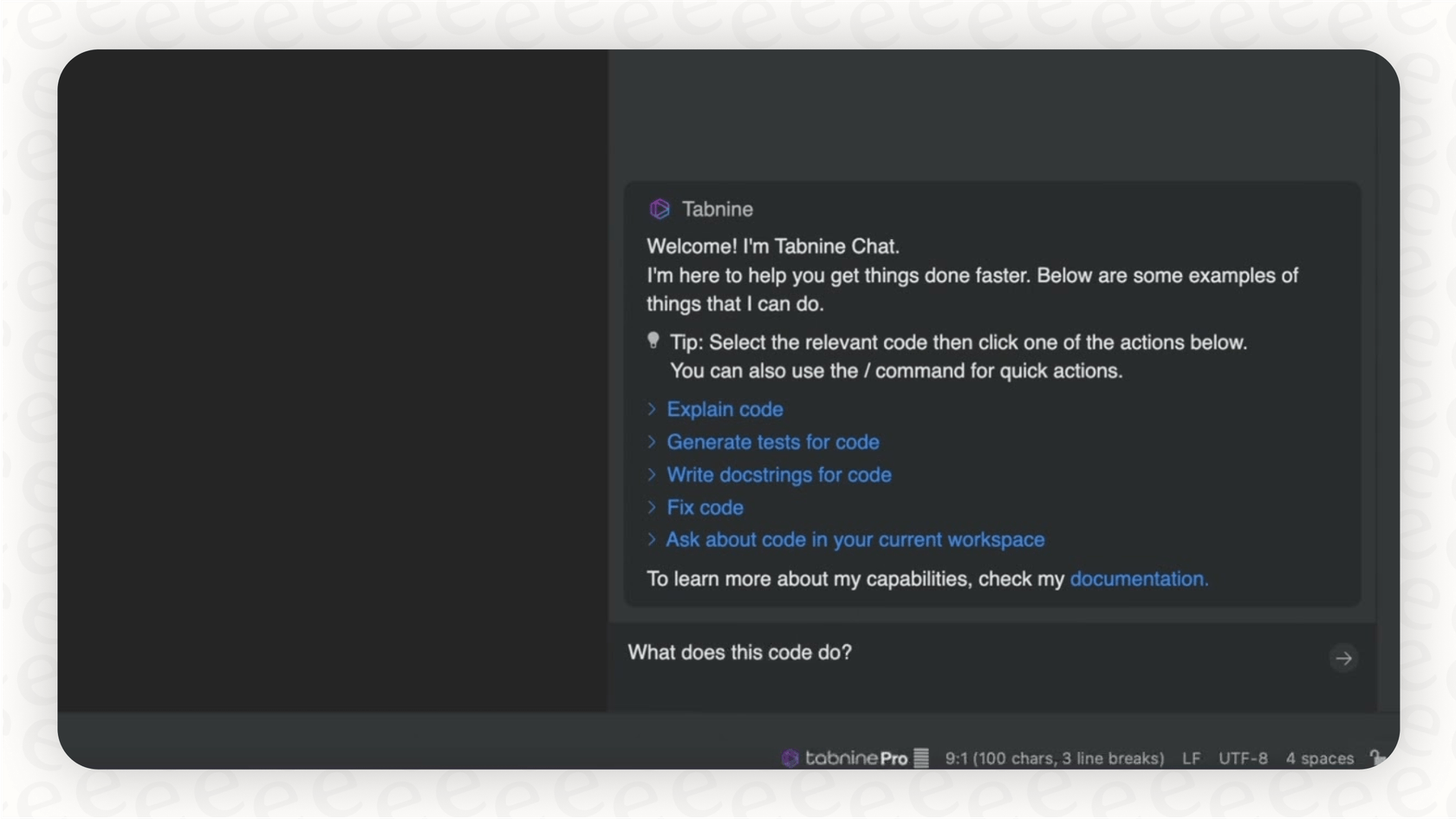 A screenshot providing a Tabnine overview of the chat function, where a user interacts with the AI to understand code.