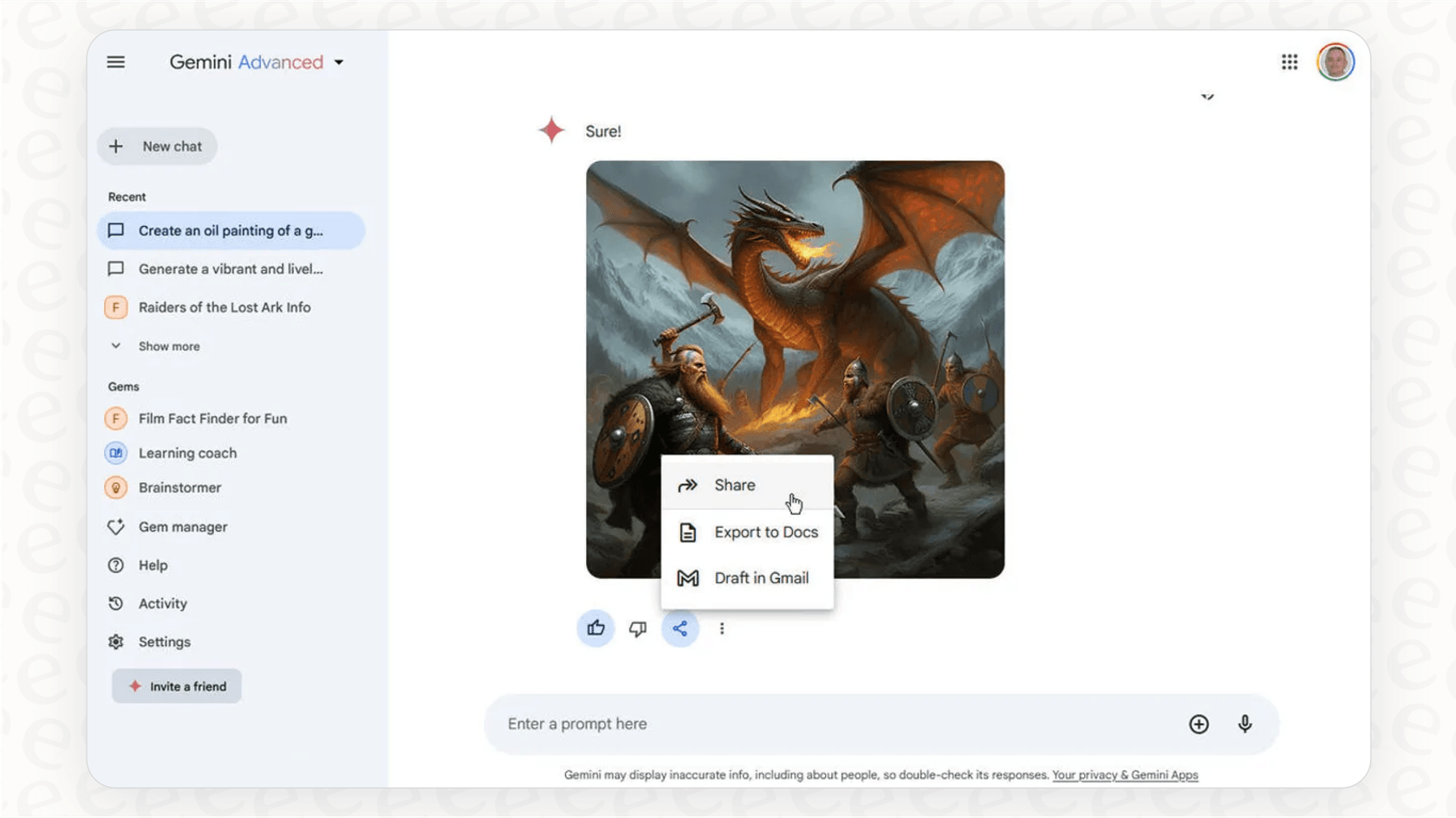 A screenshot of the Gemini AI interface where a user has entered a descriptive prompt and the AI has generated a high-quality, relevant image.