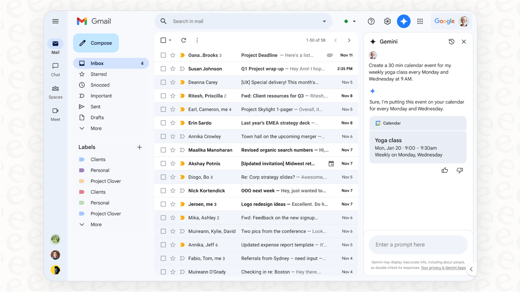 A screenshot demonstrating the deep Google ecosystem integration of Gemini, with the AI assistant summarizing an email thread inside the Gmail interface.