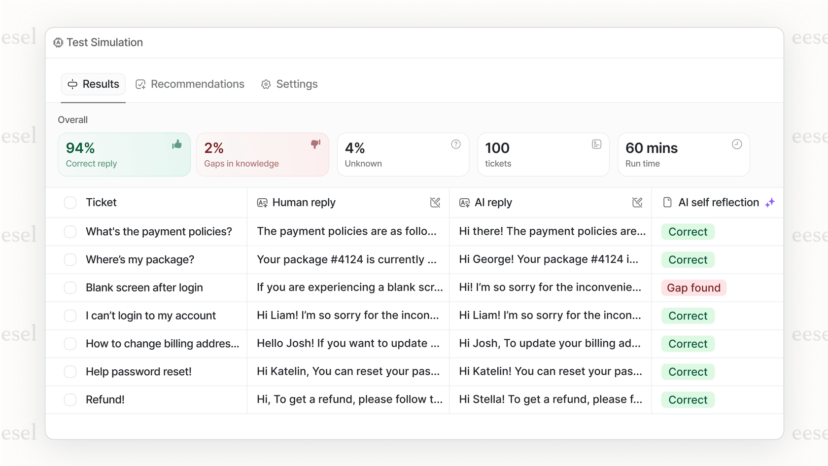 A screenshot of the eesel AI simulation feature, which forecasts the performance of its AI-powered live chat software for website based on past customer tickets.