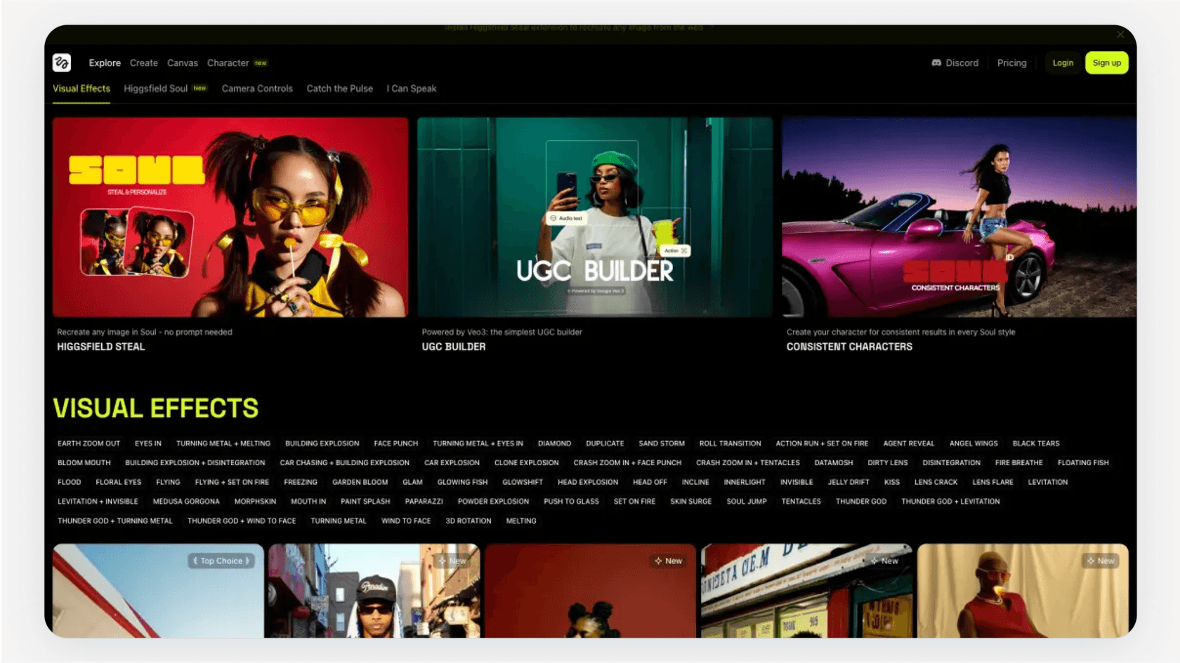 A screenshot of the Higgsfield AI effects library, with tiles showing previews of various cinematic effects that can be applied to videos with a single click.