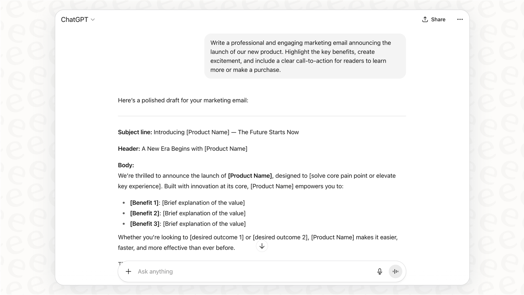 A screenshot of the ChatGPT chat window generating a creative marketing email, showcasing how artificial intelligence products can be used for content creation.