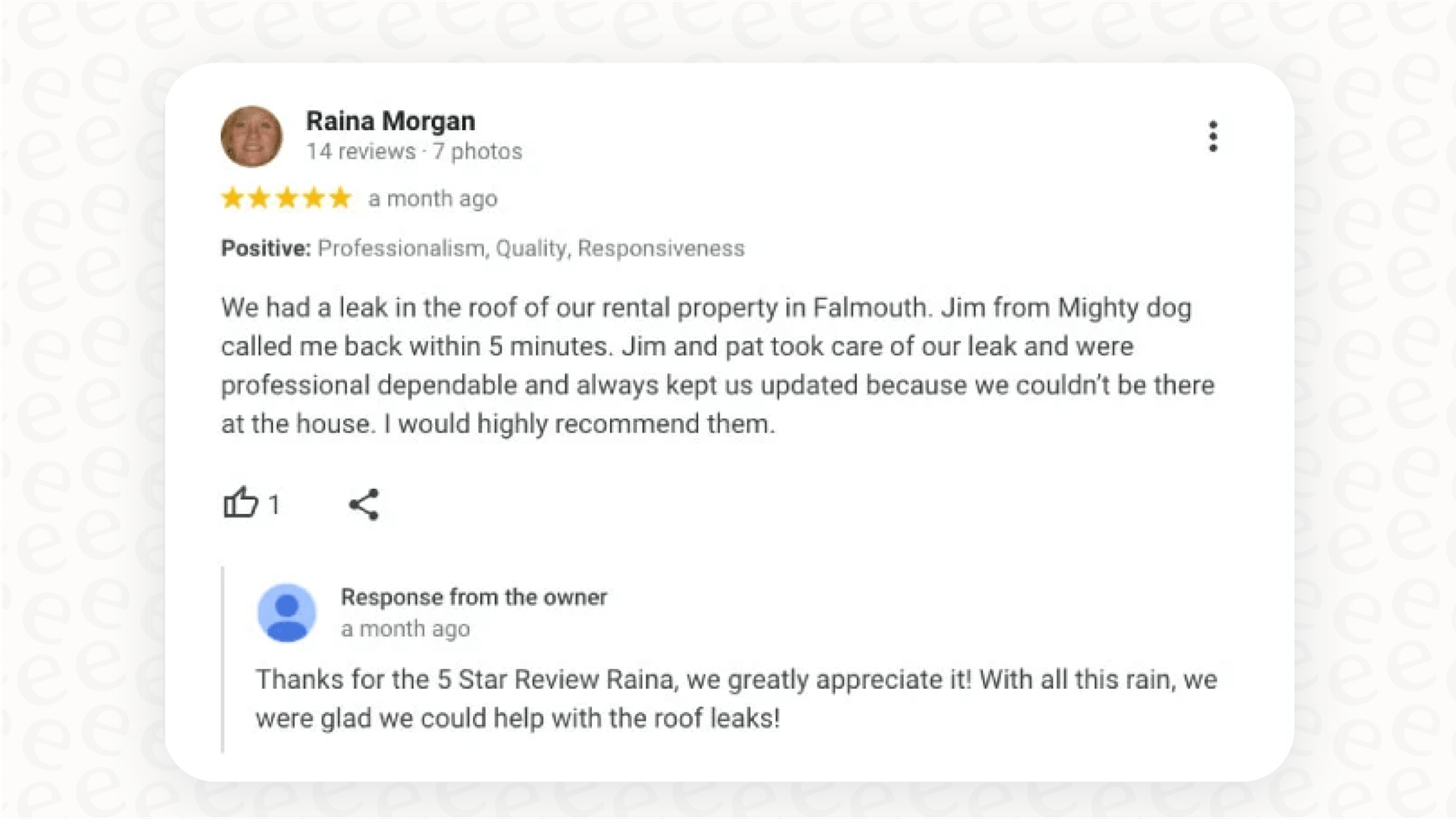 A screenshot showing a positive customer review on a Google Business Profile, with a personalized and appreciative reply from the business owner below it, demonstrating good Google Business customer service.