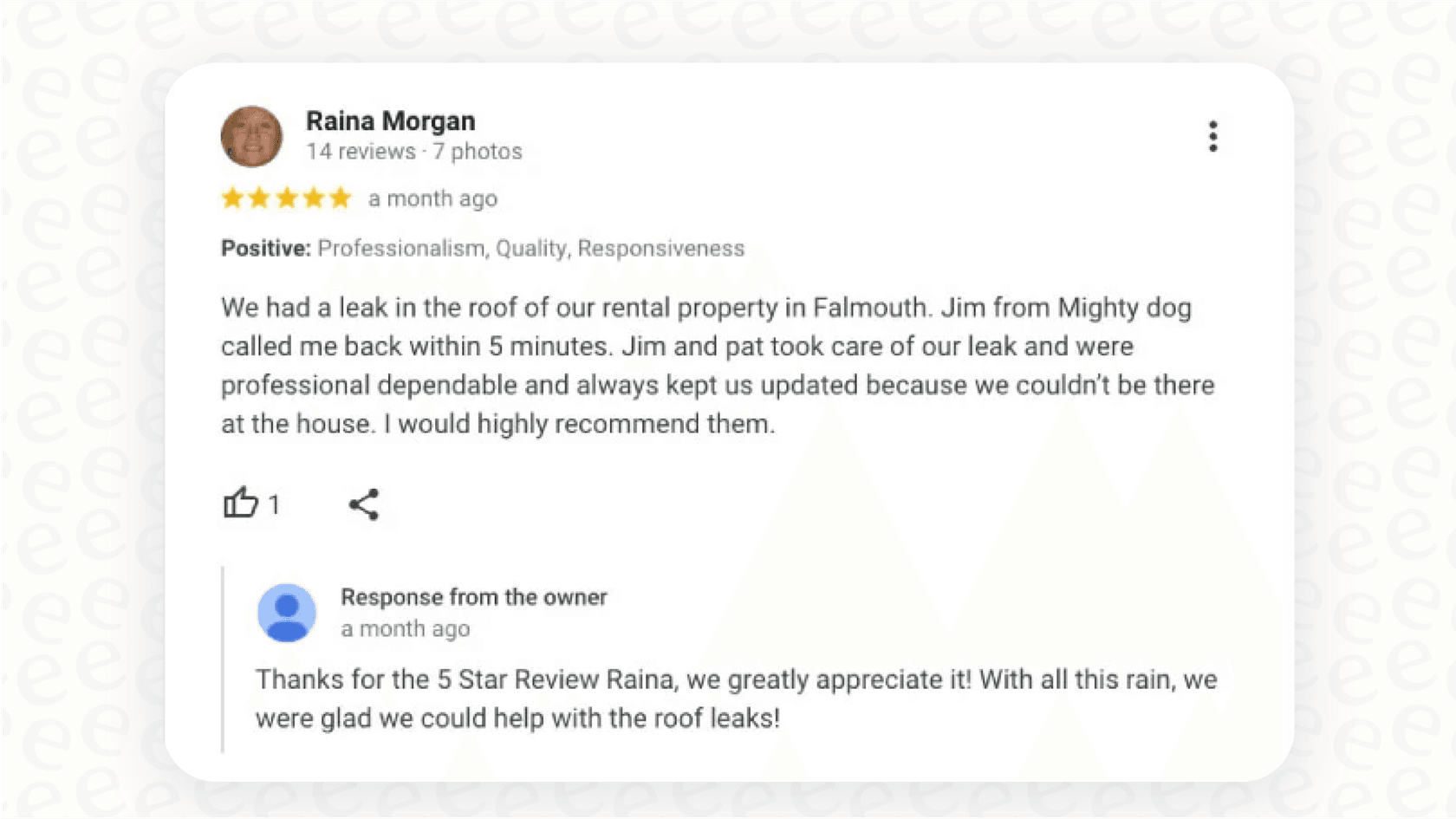 A screenshot showing a positive customer review on a Google Business Profile, with a personalized and appreciative reply from the business owner below it, demonstrating good Google Business customer service.