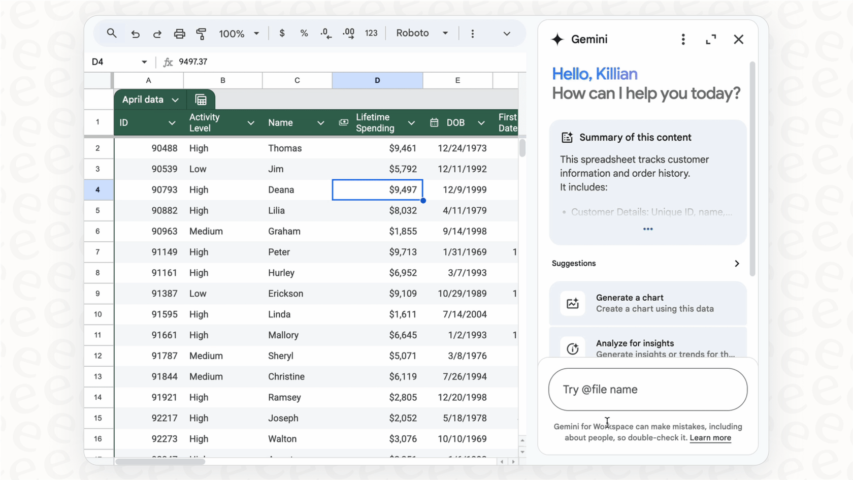 An image showing Google Workspace Gemini generating a custom table in Google Sheets based on a user's plain-text description.