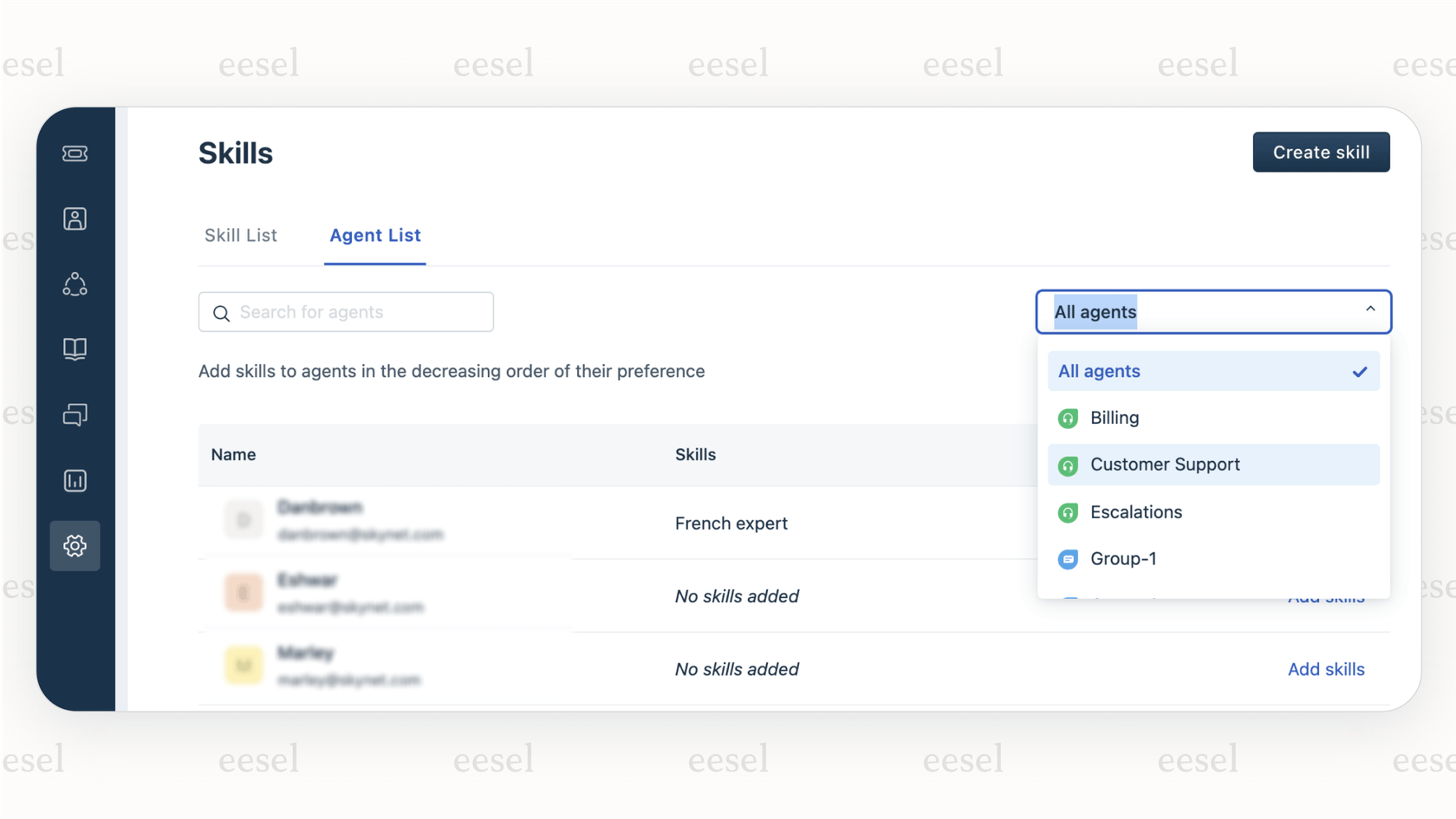 The Freshdesk UI for creating rules for skill-based automatic ticket assignment Freshdesk, matching ticket properties to agent skills.