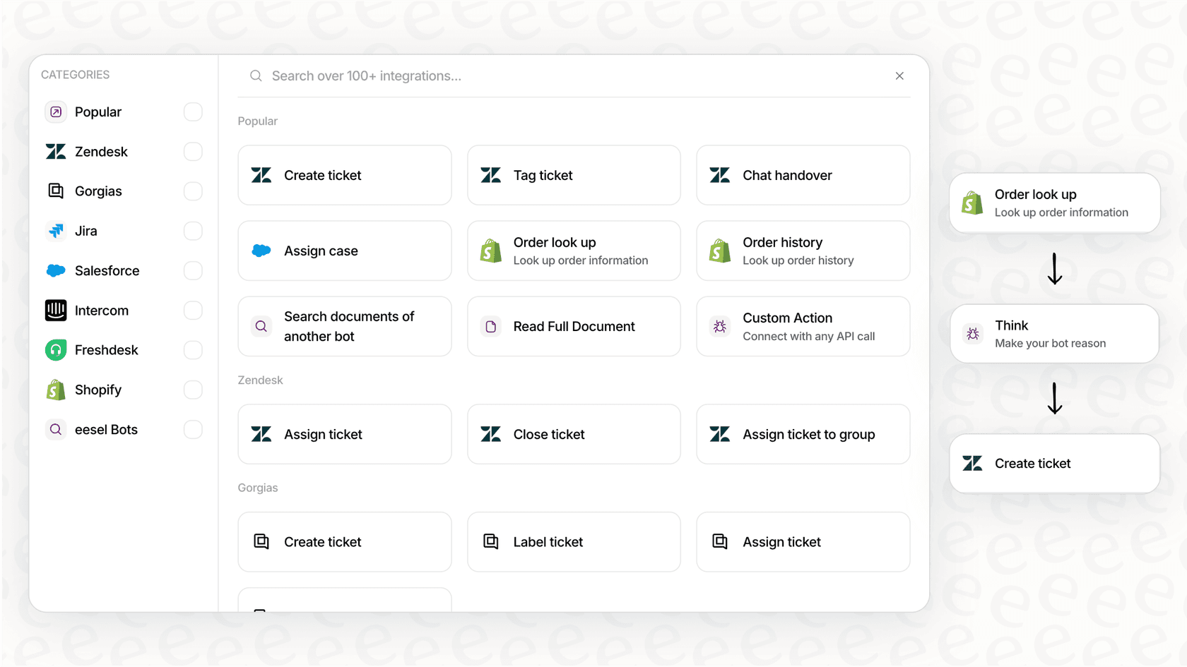 Screenshot of a conversational assistance workflow engine, showing how users can set rules to automate specific topics like password resets and escalate complex issues.