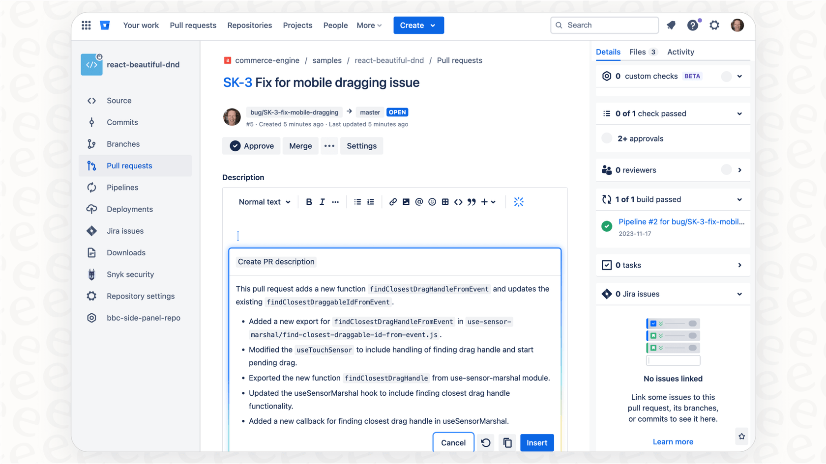This Bitbucket overview highlights the AI tools, such as the automatic generation of a pull request description.