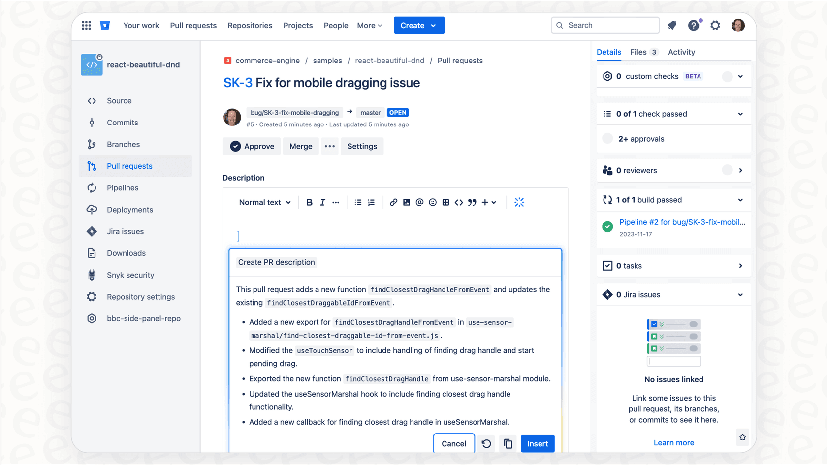This Bitbucket overview highlights the AI tools, such as the automatic generation of a pull request description.