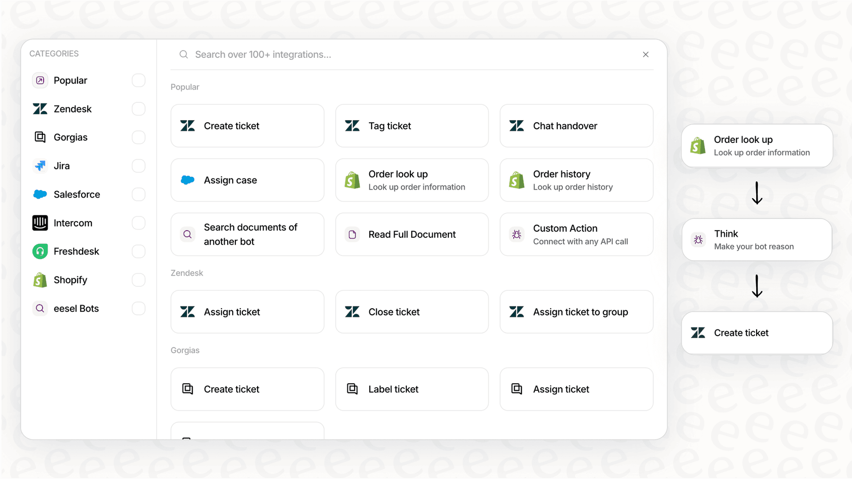 A screenshot of the eesel AI visual editor for creating custom actions, which is the no-code equivalent of building a server for a Claude Code MCP integration.